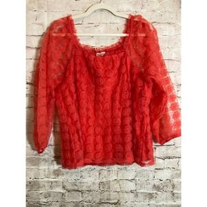 Cato Collection Top Large Red-Orange Mesh Rosette Textured Coquette Romantic